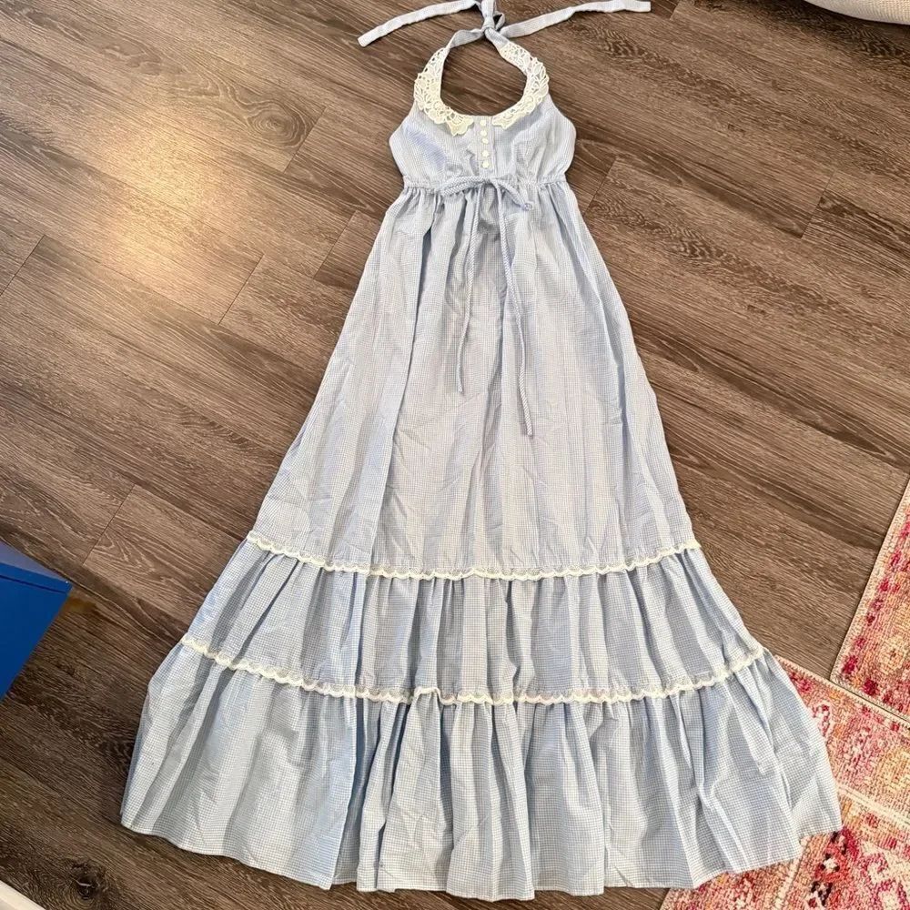 Vintage Jody T of California Blue White Gingham Halter Dress